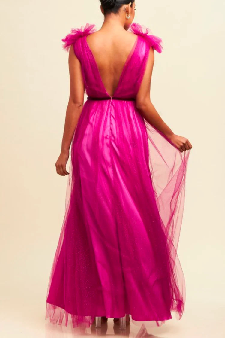 Alessia Tulle Deep V Gown - Magenta - FINAL SALE - Image 3