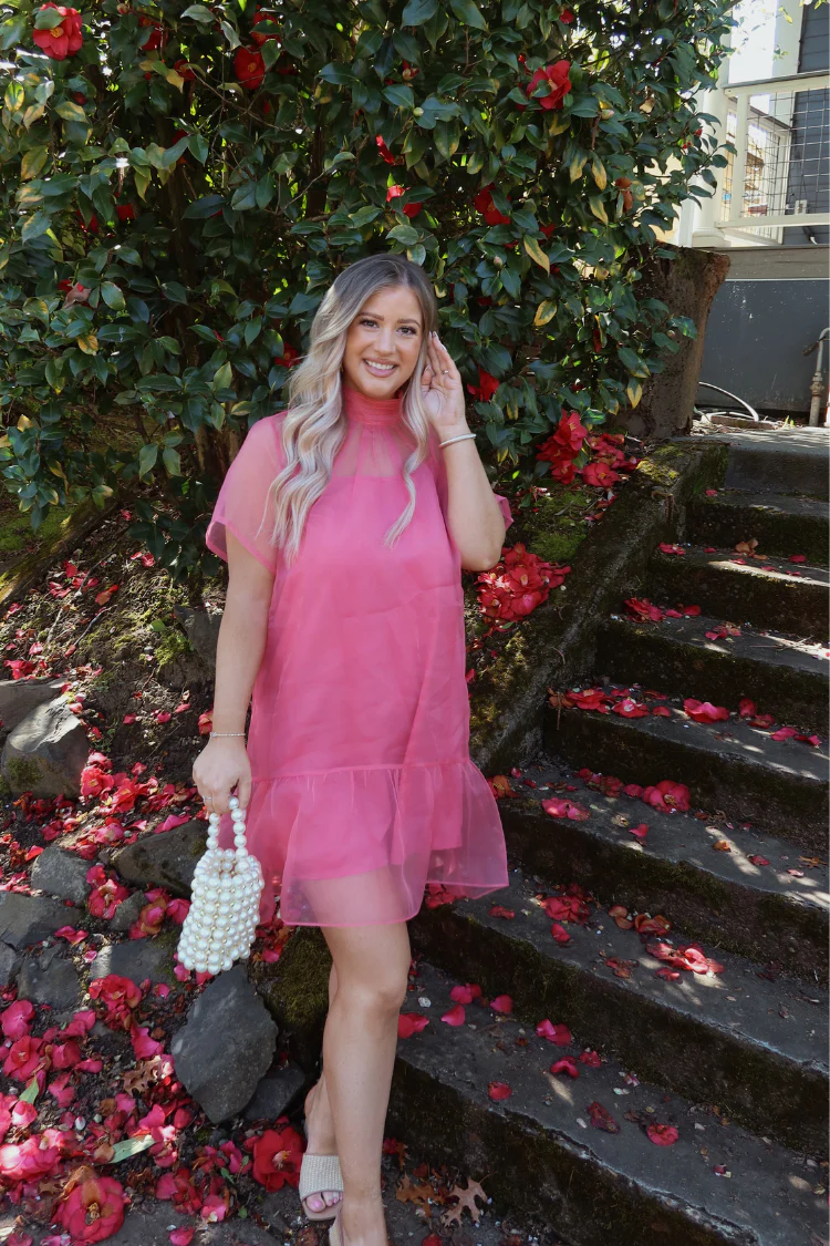 Berny Organza Mock Neck Mini Dress - Pink