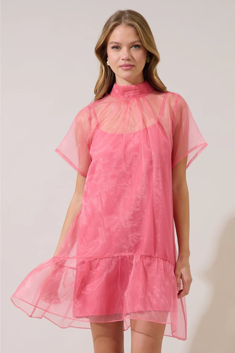 Berny Organza Mock Neck Mini Dress - Pink - Image 6