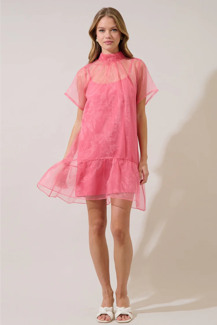 Berny Organza Mock Neck Mini Dress - Pink - Image 7