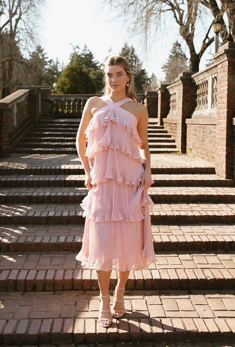 Bianca Powder Pink Tiered Midi Dress - Image 3