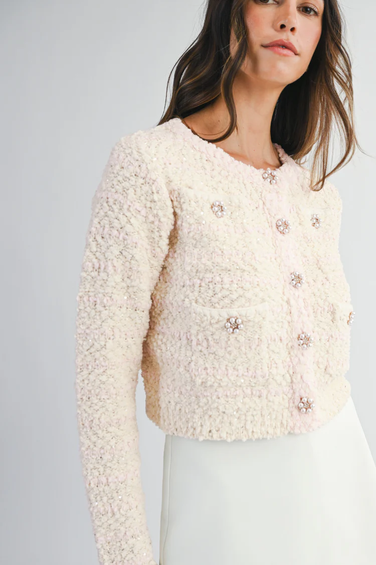 Blaire Bouclé Ivory and Pink Striped Cardigan Sweater - FINAL SALE - Image 4