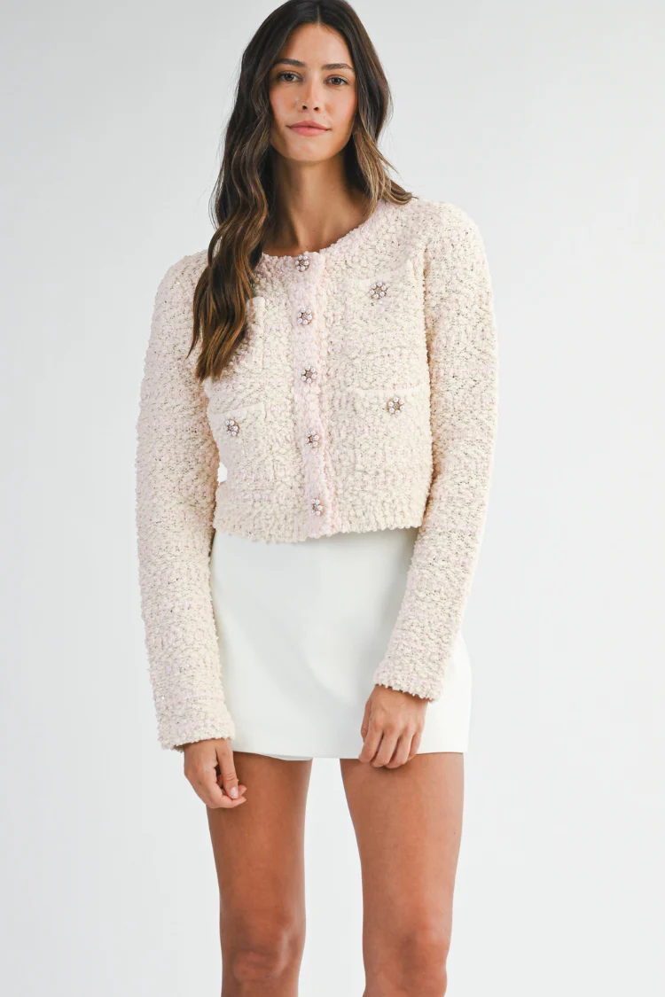 Blaire Bouclé Ivory and Pink Striped Cardigan Sweater - FINAL SALE - Image 5