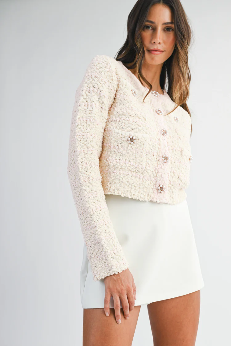 Blaire Bouclé Ivory and Pink Striped Cardigan Sweater - FINAL SALE - Image 6