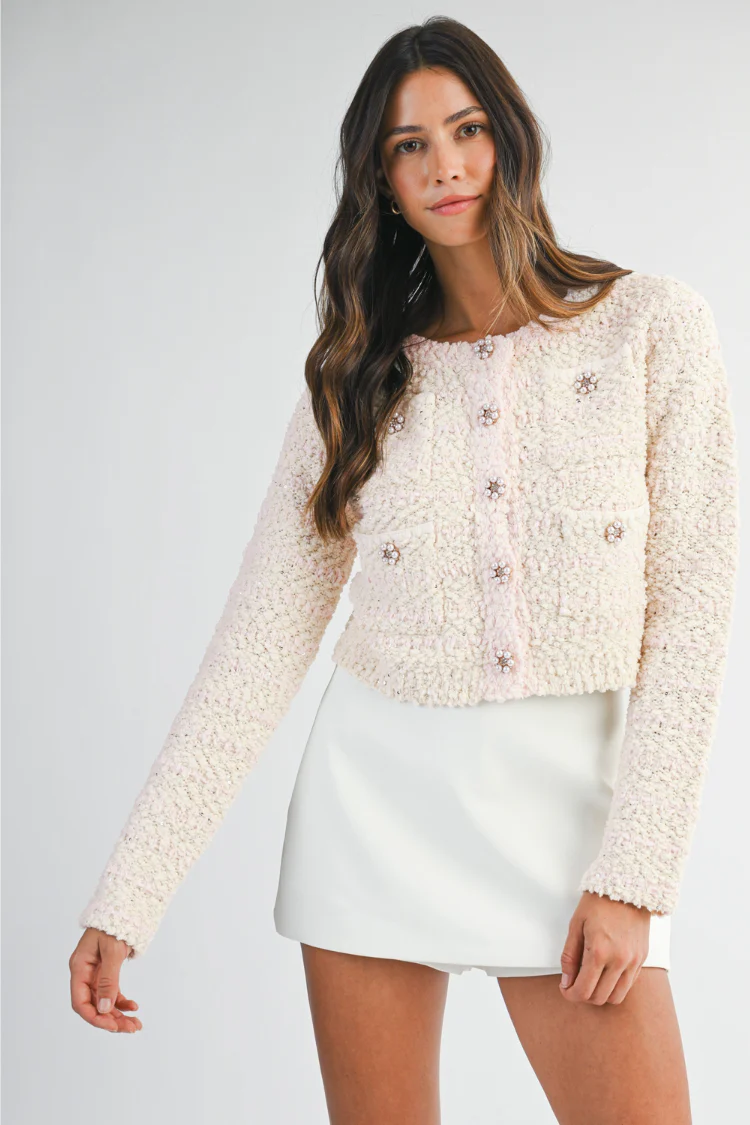 Blaire Bouclé Ivory and Pink Striped Cardigan Sweater - FINAL SALE - Image 7