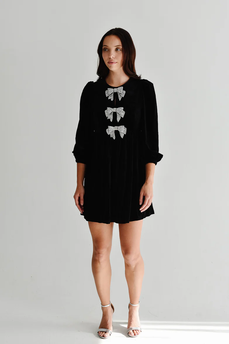 Brigette Bow Velvet Mini Dress - Black - Image 3