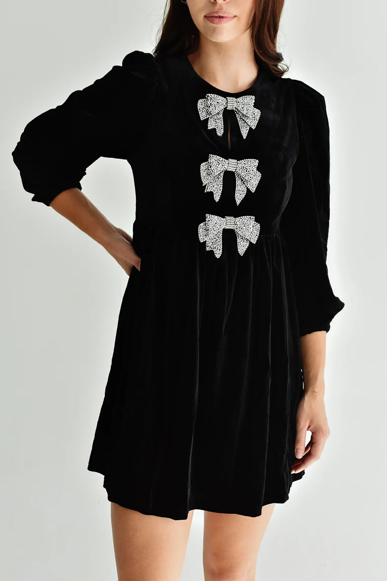 Brigette Bow Velvet Mini Dress - Black - Image 5