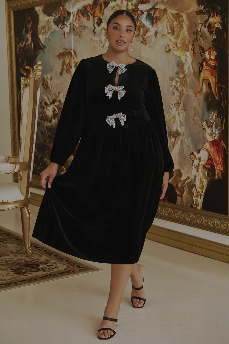 Brigette Bow Velvet Midi Dress - Black - Image 4