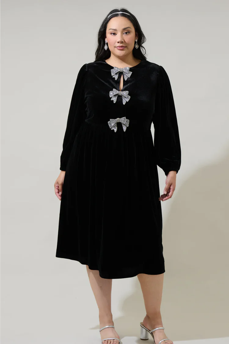 Brigette Bow Velvet Midi Dress - Black - Image 6