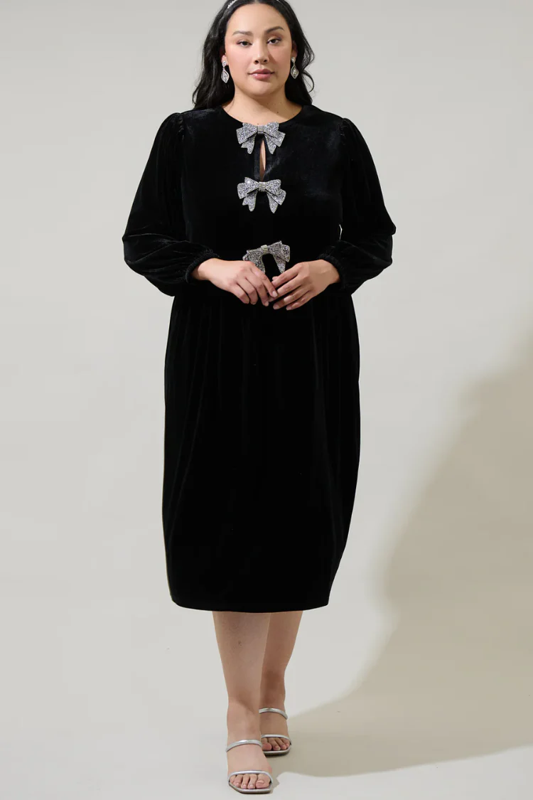 Brigette Bow Velvet Midi Dress - Black - Image 7