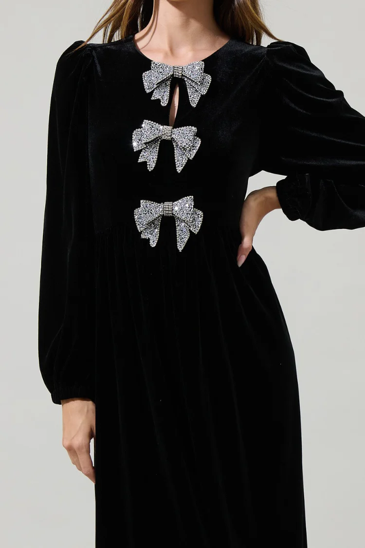Brigette Bow Velvet Midi Dress - Black - Image 8