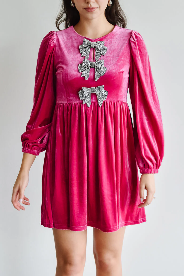Brigette Bow Velvet Mini Dress - Pink - Image 3