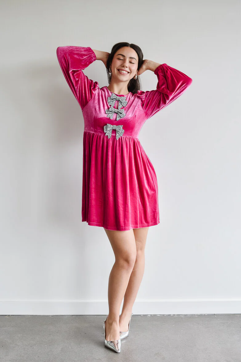 Brigette Bow Velvet Mini Dress - Pink - Image 4