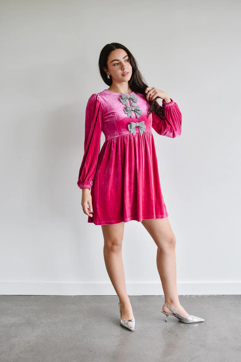 Brigette Bow Velvet Mini Dress - Pink - Image 5
