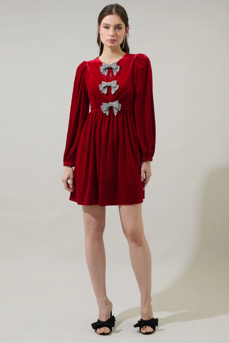 Brigette Glow Bow Velvet Mini Dress - Red - FINAL SALE - Image 3