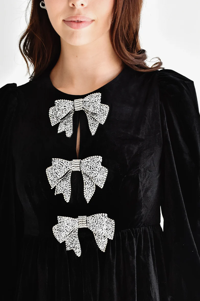 Brigette Bow Velvet Mini Dress - Black - Image 4
