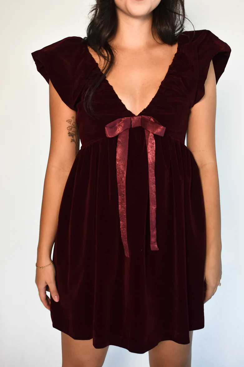 Brooks Burgundy Velvet Bow Mini Dress - FINAL SALE - Image 4