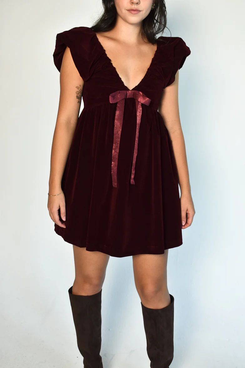Brooks Burgundy Velvet Bow Mini Dress - FINAL SALE - Image 5