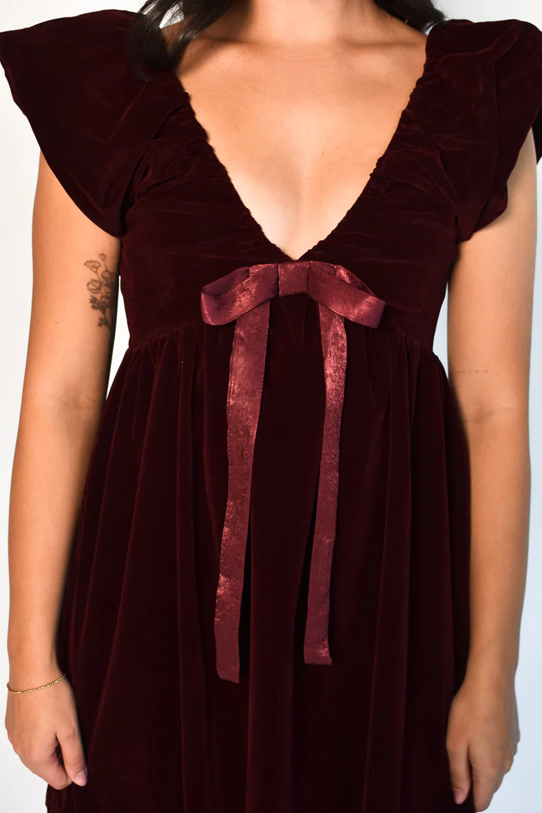 Brooks Burgundy Velvet Bow Mini Dress - FINAL SALE - Image 7