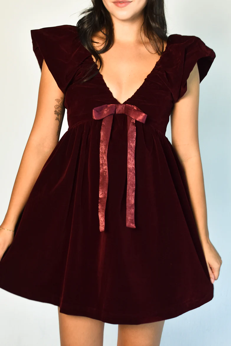 Brooks Burgundy Velvet Bow Mini Dress - FINAL SALE - Image 8