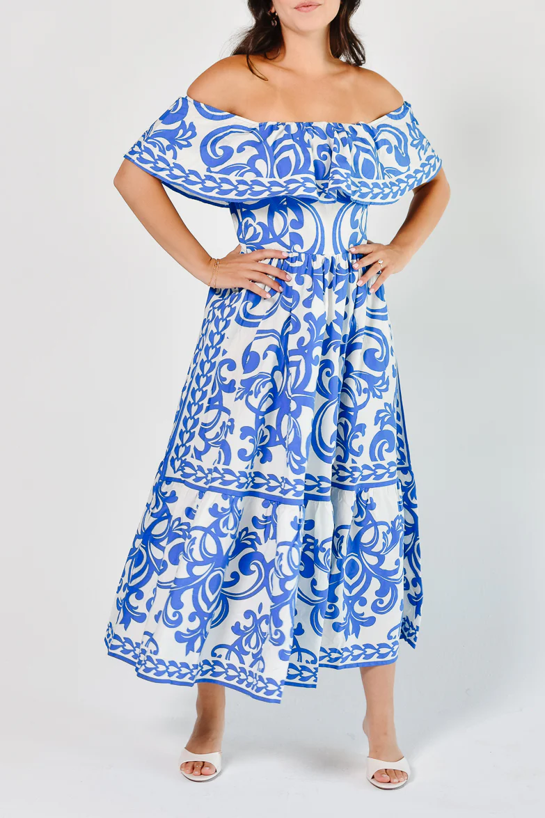 Catania Blue and White Tile Print Midi Dress - Image 3