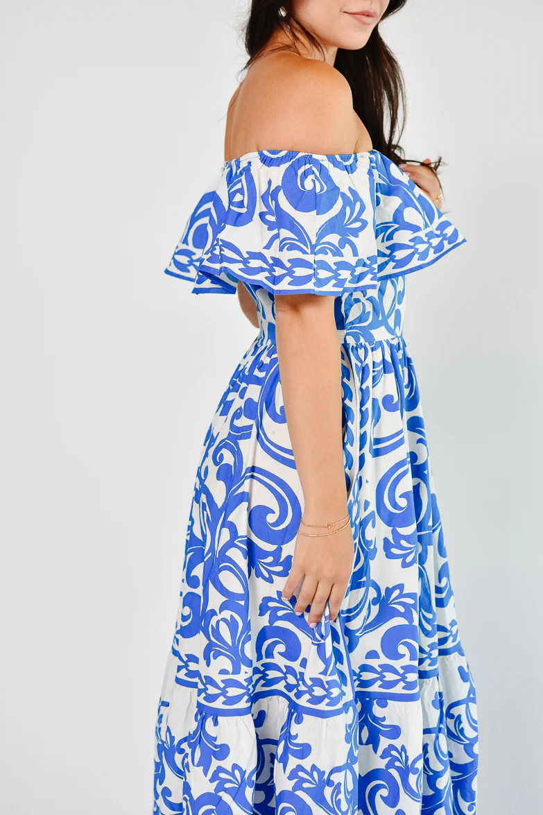 Catania Blue and White Tile Print Midi Dress - Image 4