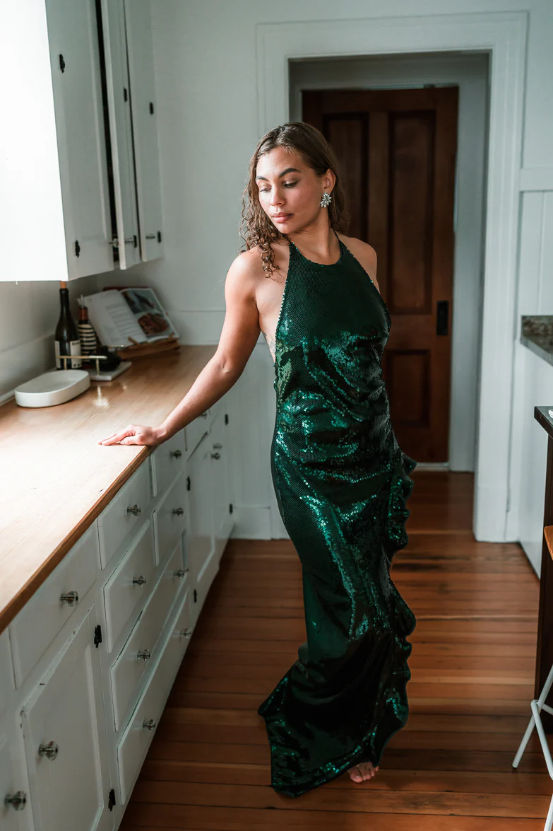 Evangeline Green Sequin Halter Maxi Dress - FINAL SALE - Image 5