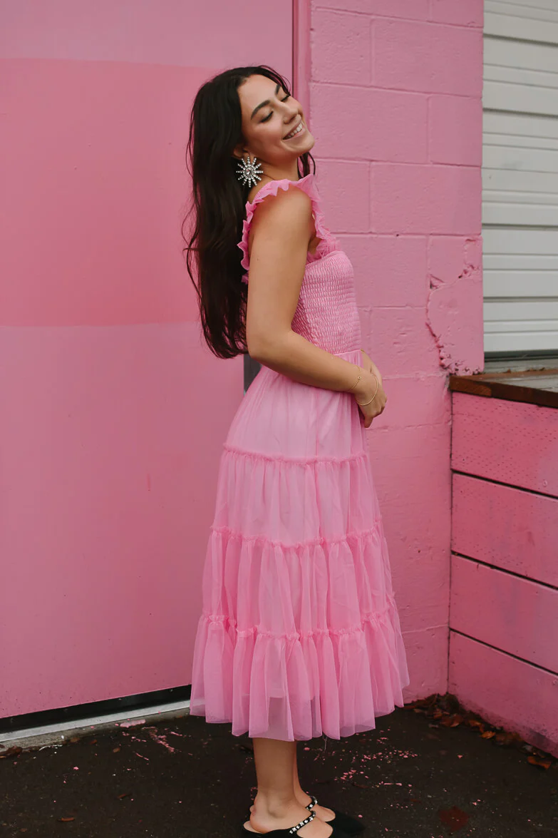 Fiori Short Bright Pink Tulle Tiered Midi Dress - Image 4