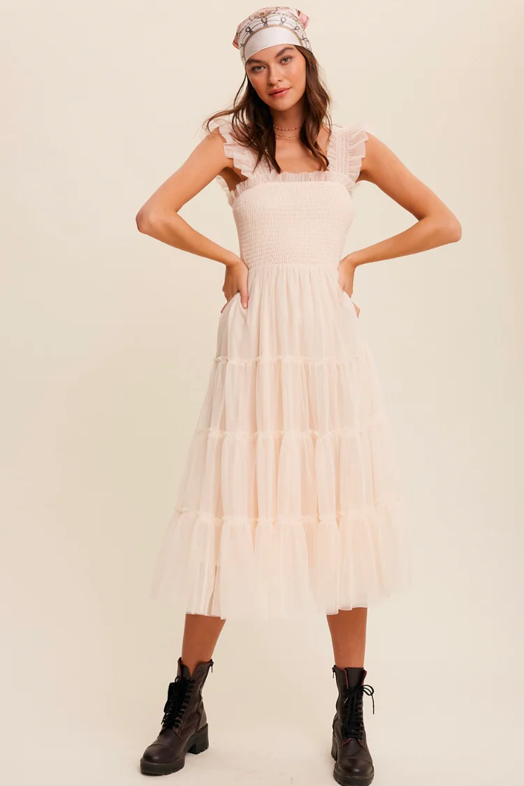 Fiori Short Champagne Tulle Tiered Midi Dress - FINAL SALE - Image 2