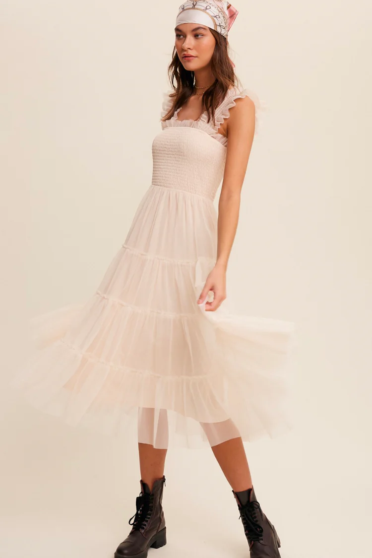 Fiori Short Champagne Tulle Tiered Midi Dress - FINAL SALE - Image 3