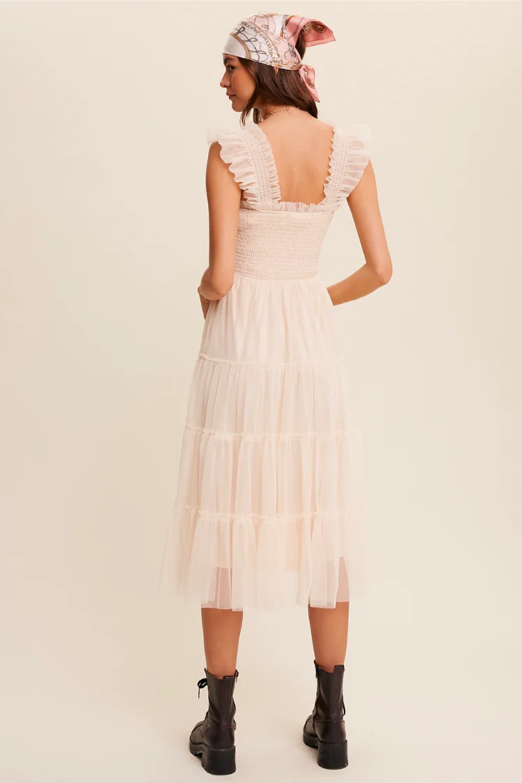 Fiori Short Champagne Tulle Tiered Midi Dress - FINAL SALE - Image 4