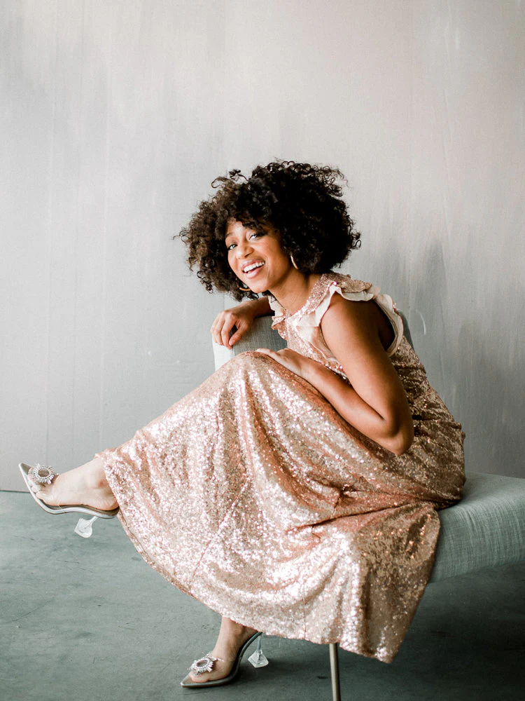 Flutter Sleeve Sequin Midi Dress - Rose Gold - FINAL SALE - Image 2