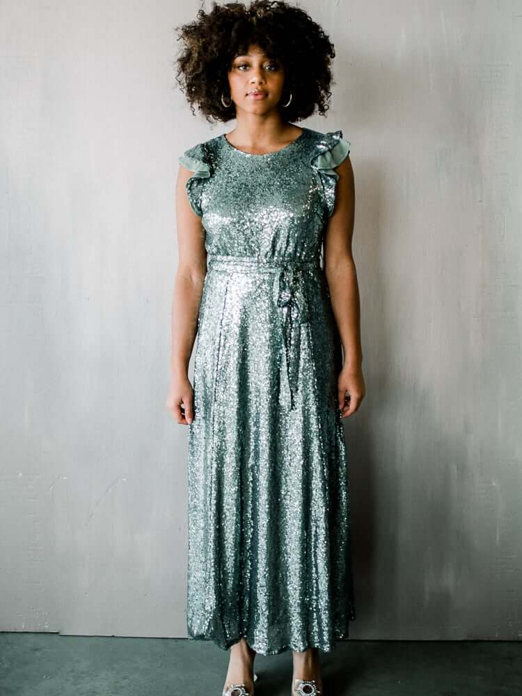 Flutter Sleeve Sequin Midi Dress - Silver - FINAL SALE - Image 2