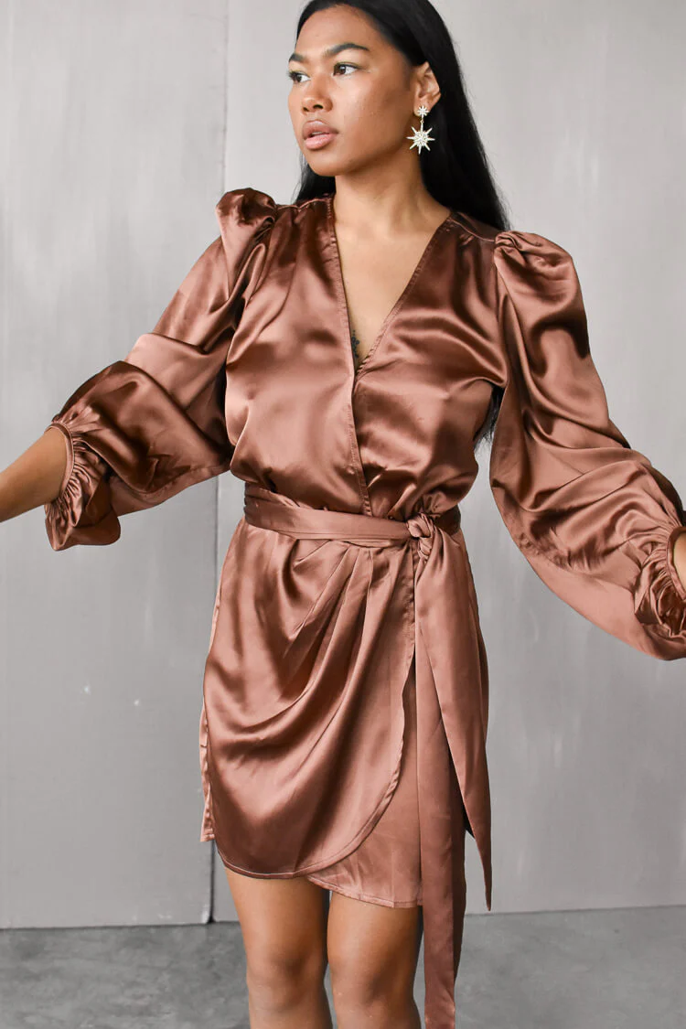 Gal Satin Wrap Mini Dress - Bronze - FINAL SALE - Image 3