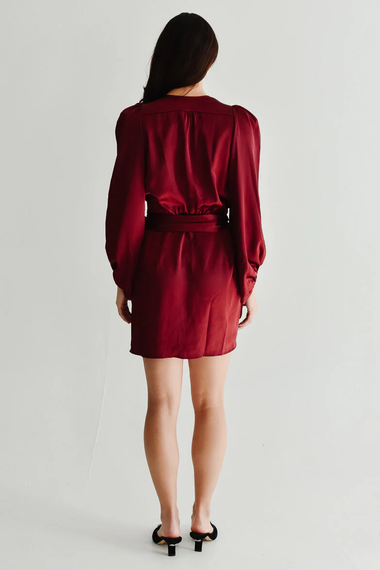Gal Satin Wrap Mini Dress - Burgundy - FINAL SALE - Image 3