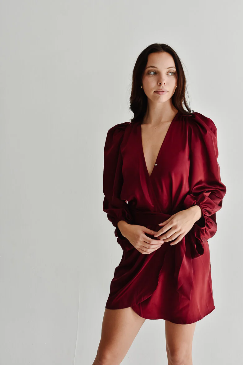 Gal Satin Wrap Mini Dress - Burgundy - FINAL SALE - Image 4