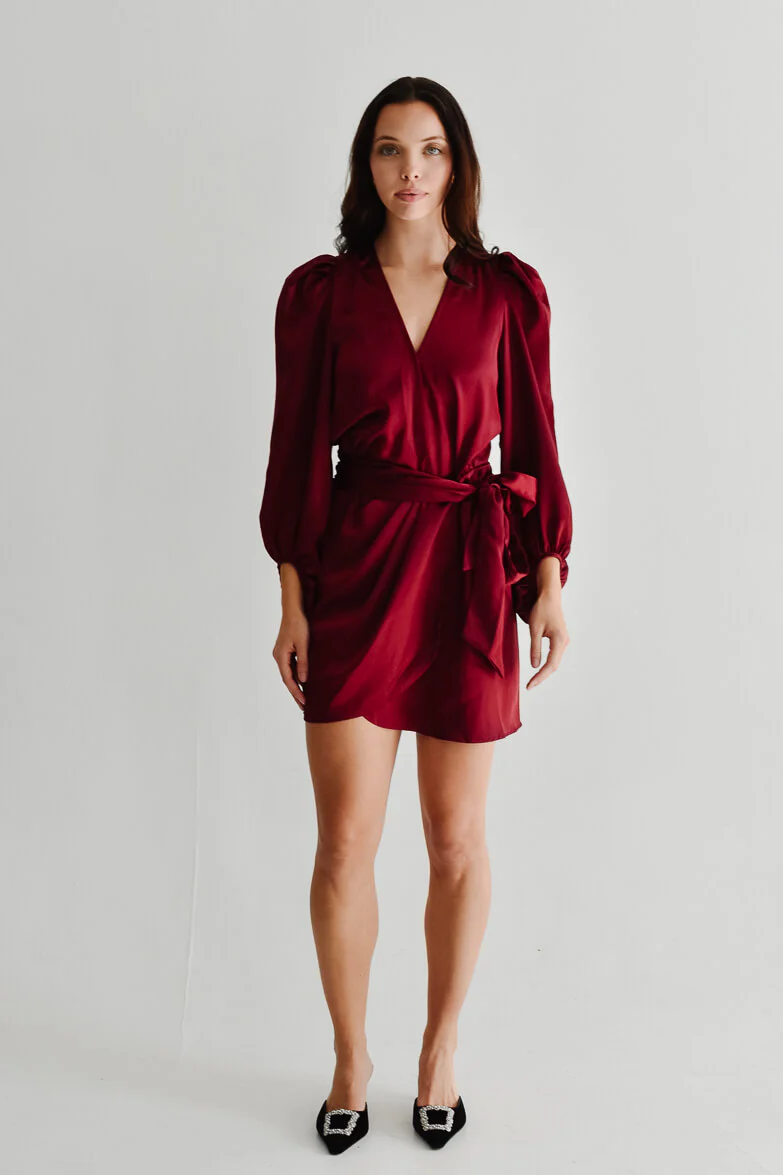 Gal Satin Wrap Mini Dress - Burgundy - FINAL SALE - Image 5