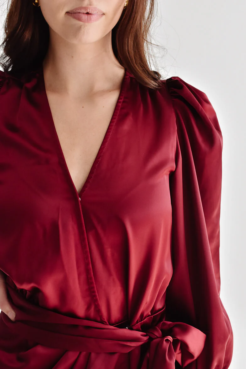 Gal Satin Wrap Mini Dress - Burgundy - FINAL SALE - Image 6