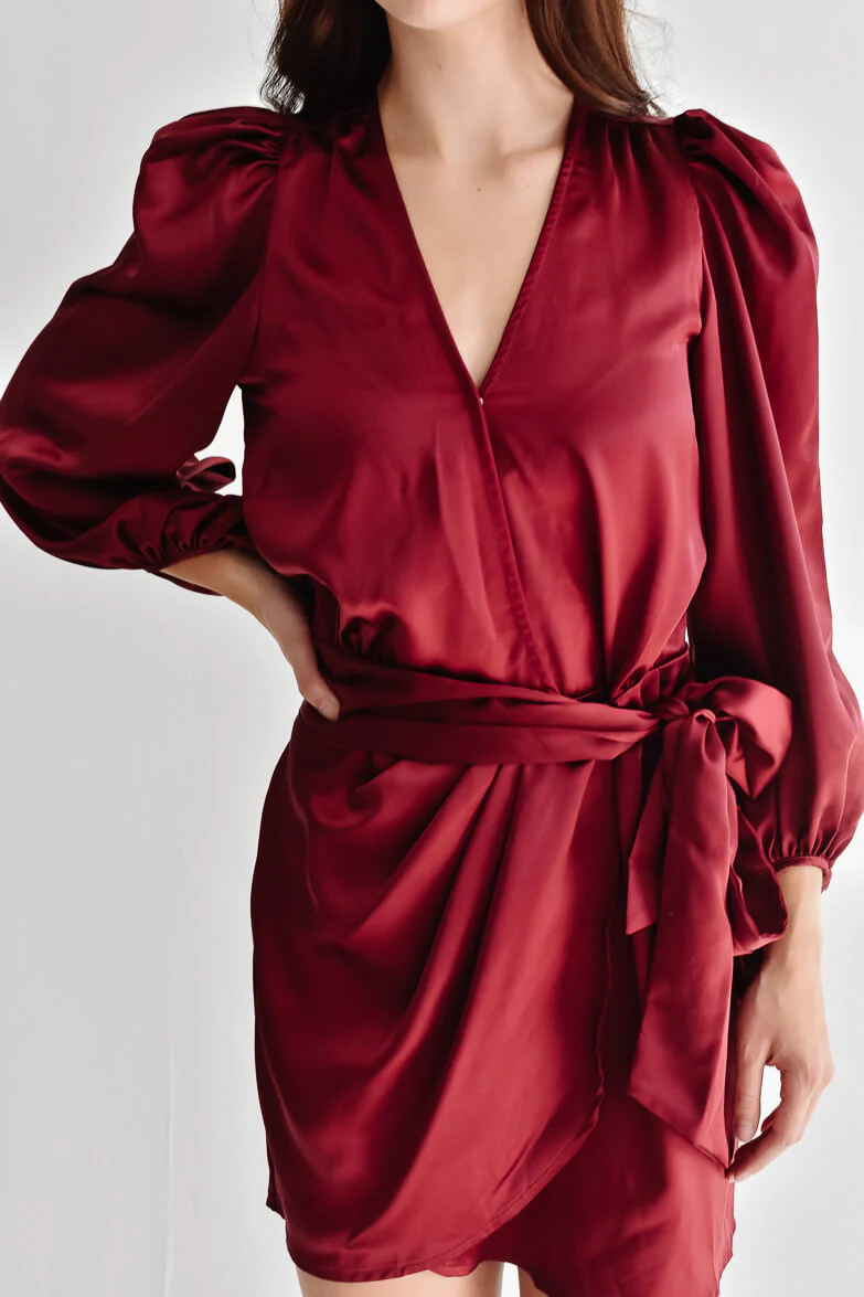 Gal Satin Wrap Mini Dress - Burgundy - FINAL SALE - Image 7
