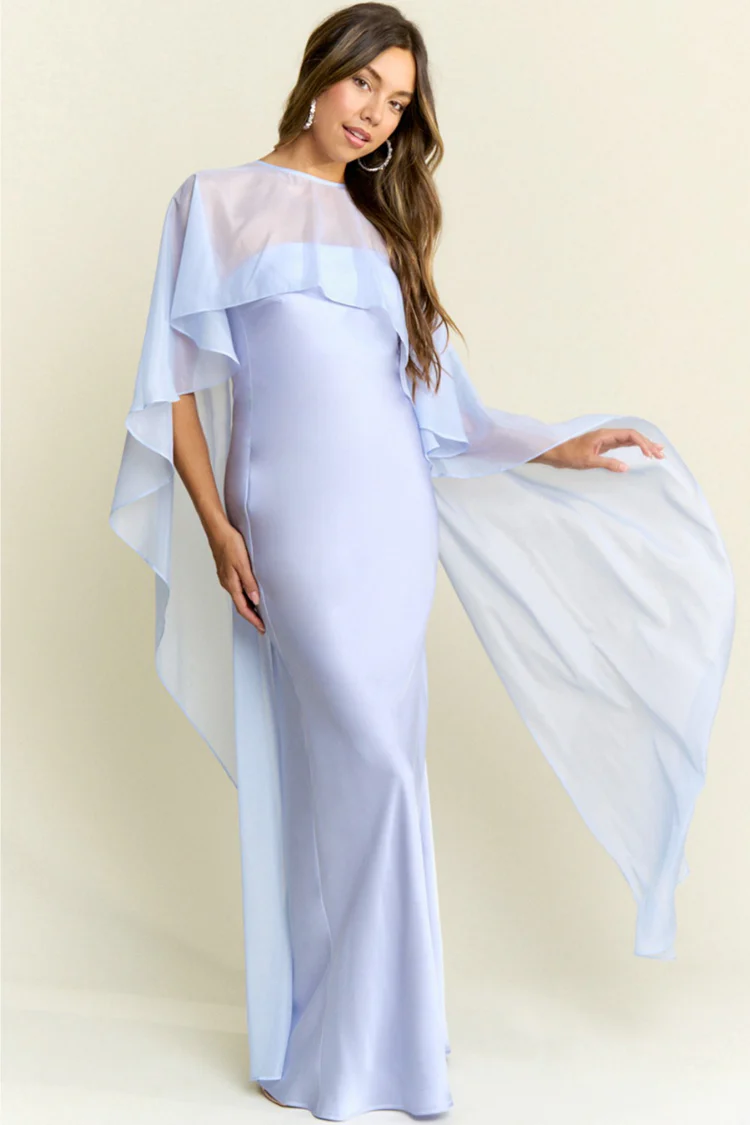 Giselle Blue Silky Maxi Dress with Cape - Image 3