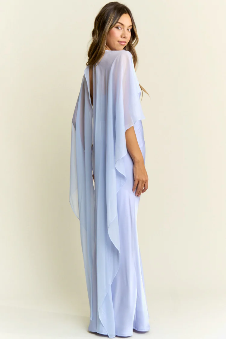 Giselle Blue Silky Maxi Dress with Cape - Image 4