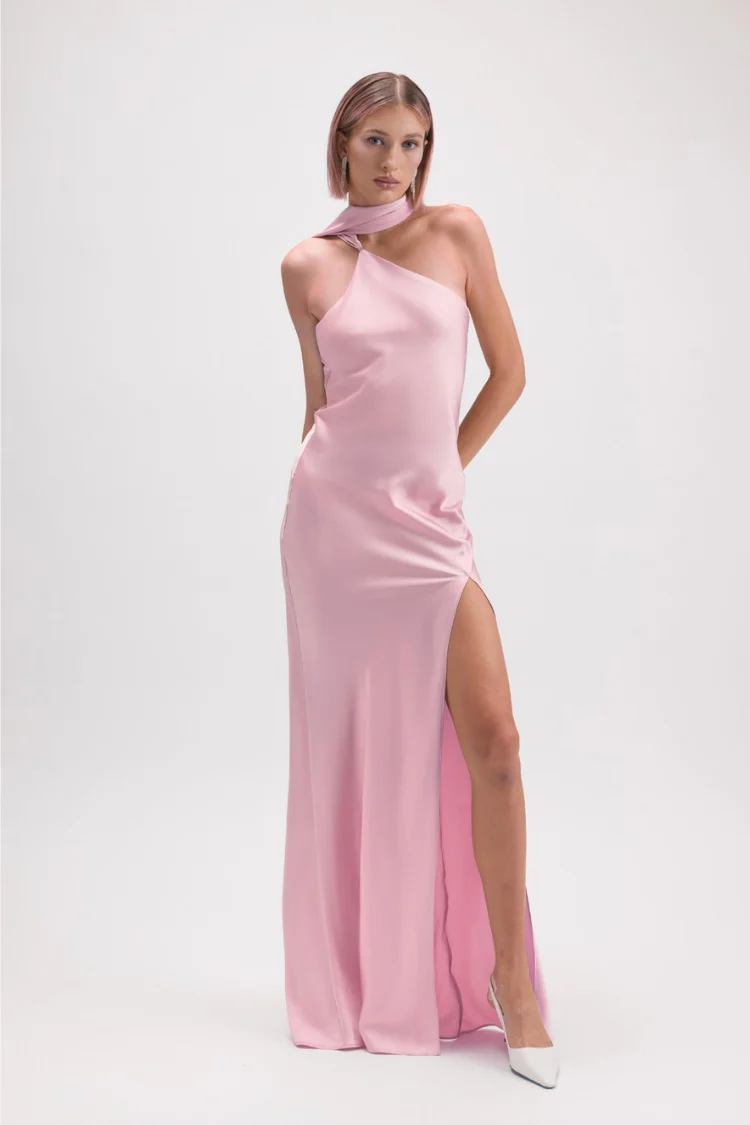 Hailey Satin Maxi Dress with Neck Scarf - Sage Green - Image 5