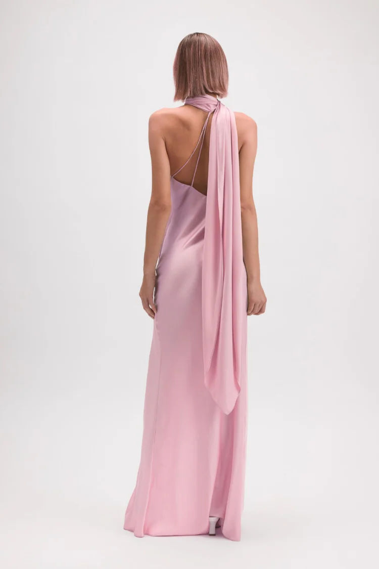 Hailey Satin Maxi Dress with Neck Scarf - Pink - Image 3