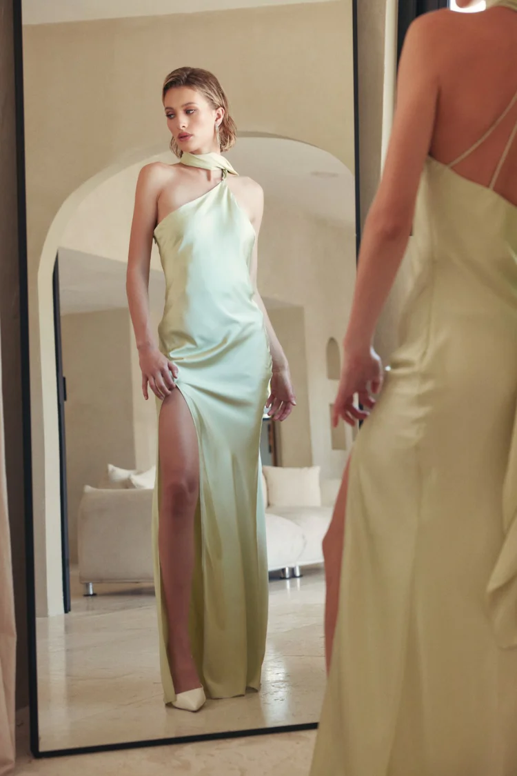 Hailey Satin Maxi Dress with Neck Scarf - Sage Green - Image 3