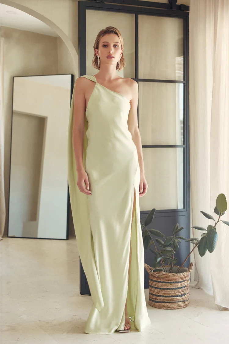 Hailey Satin Maxi Dress with Neck Scarf - Sage Green - Image 4