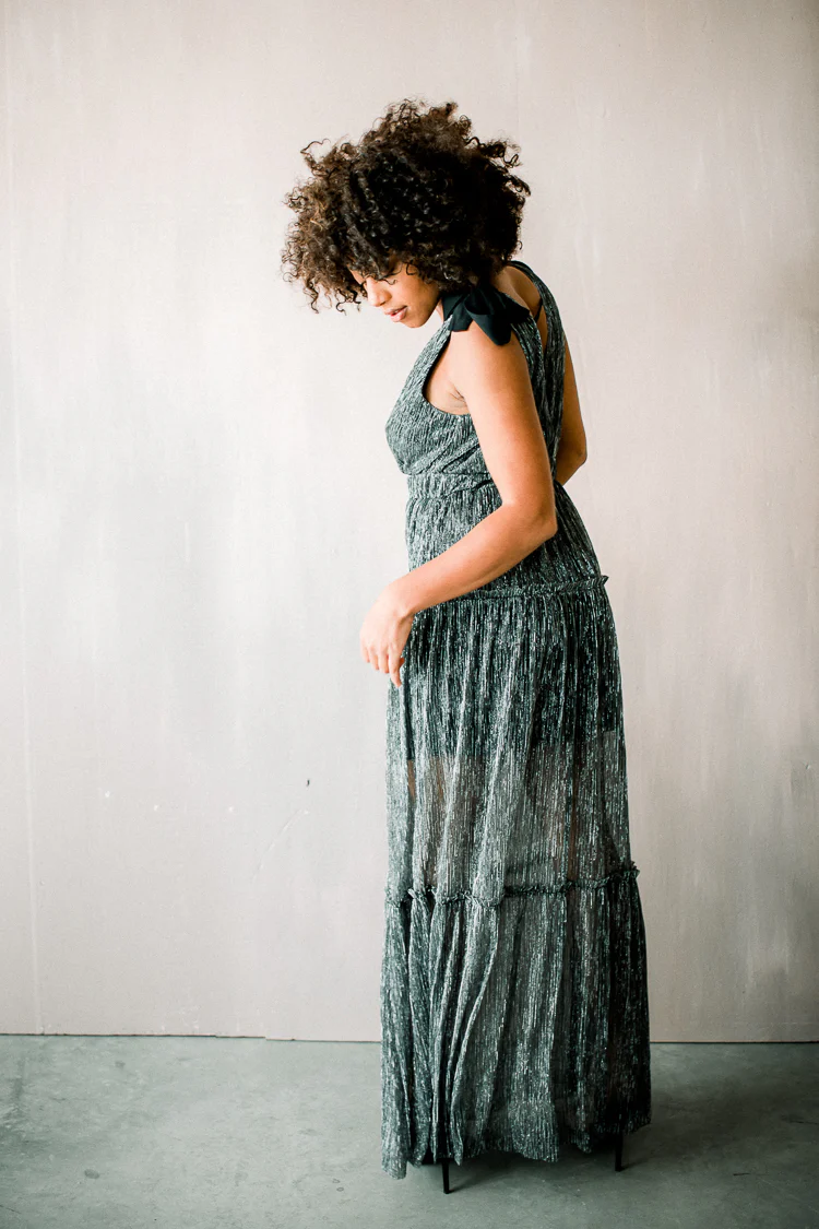 Halle Shoulder Tie Deep V Maxi - Silver - Image 4