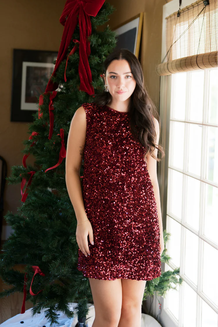 Irina Sequin Sleeveless Mini Dress with Black Bow - Burgundy - Image 3