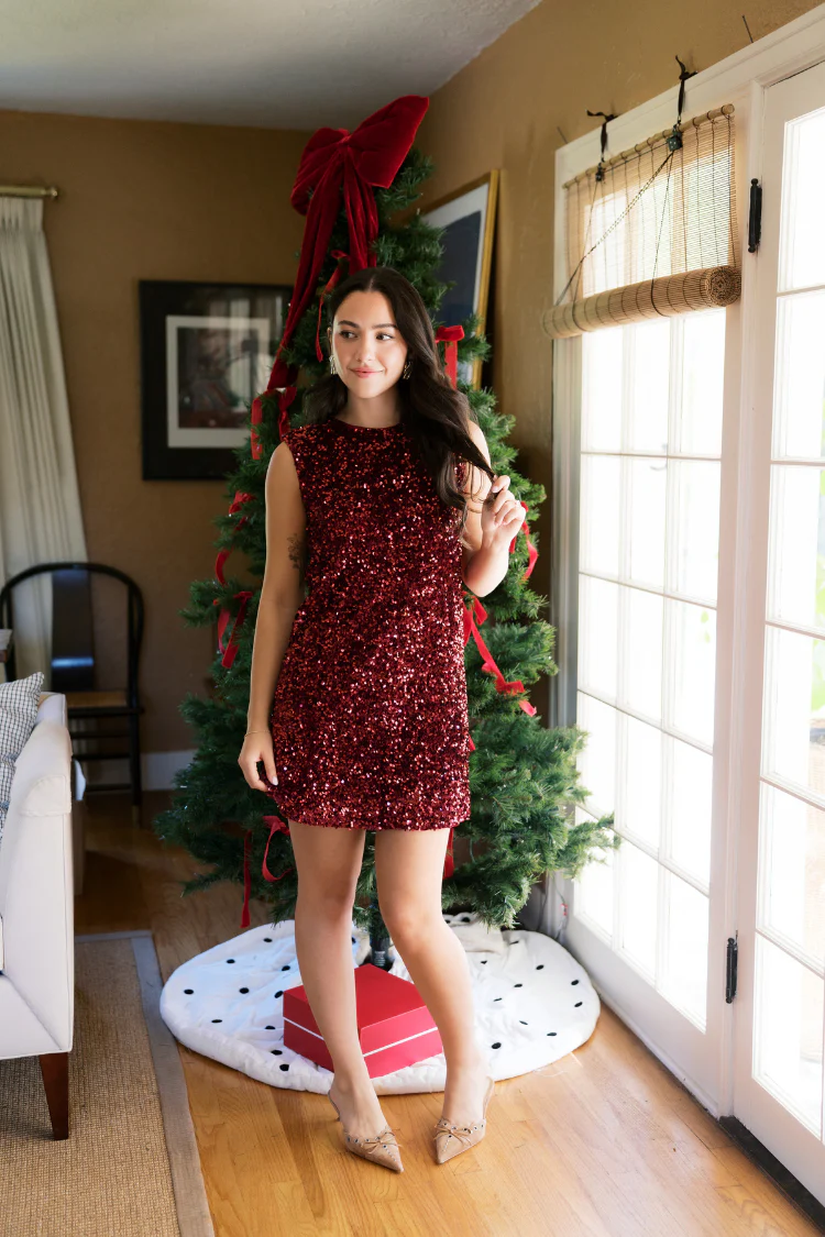 Irina Sequin Sleeveless Mini Dress with Black Bow - Burgundy - Image 4