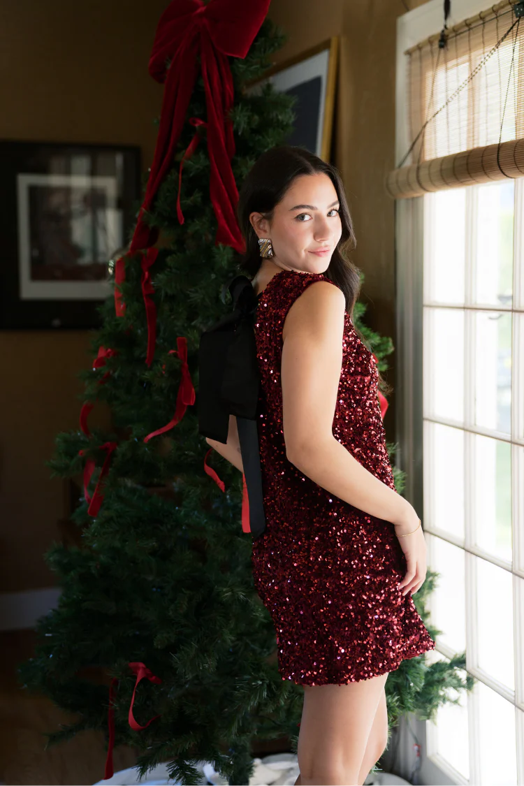 Irina Sequin Sleeveless Mini Dress with Black Bow - Burgundy - Image 6