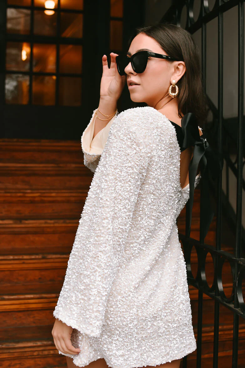 Irina White Sequin Mini Dress with Black Bow - Image 5